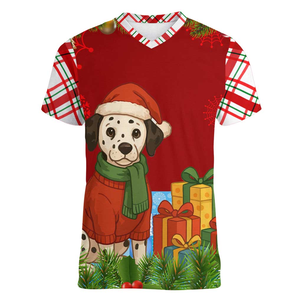 Croatia Christmas Women V-Neck T-Shirt with Dalmatian Dog Presents and Red Plaid Holiday - Wonder Print Shop