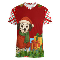 Croatia Christmas Women V-Neck T-Shirt with Dalmatian Dog Presents and Red Plaid Holiday - Wonder Print Shop