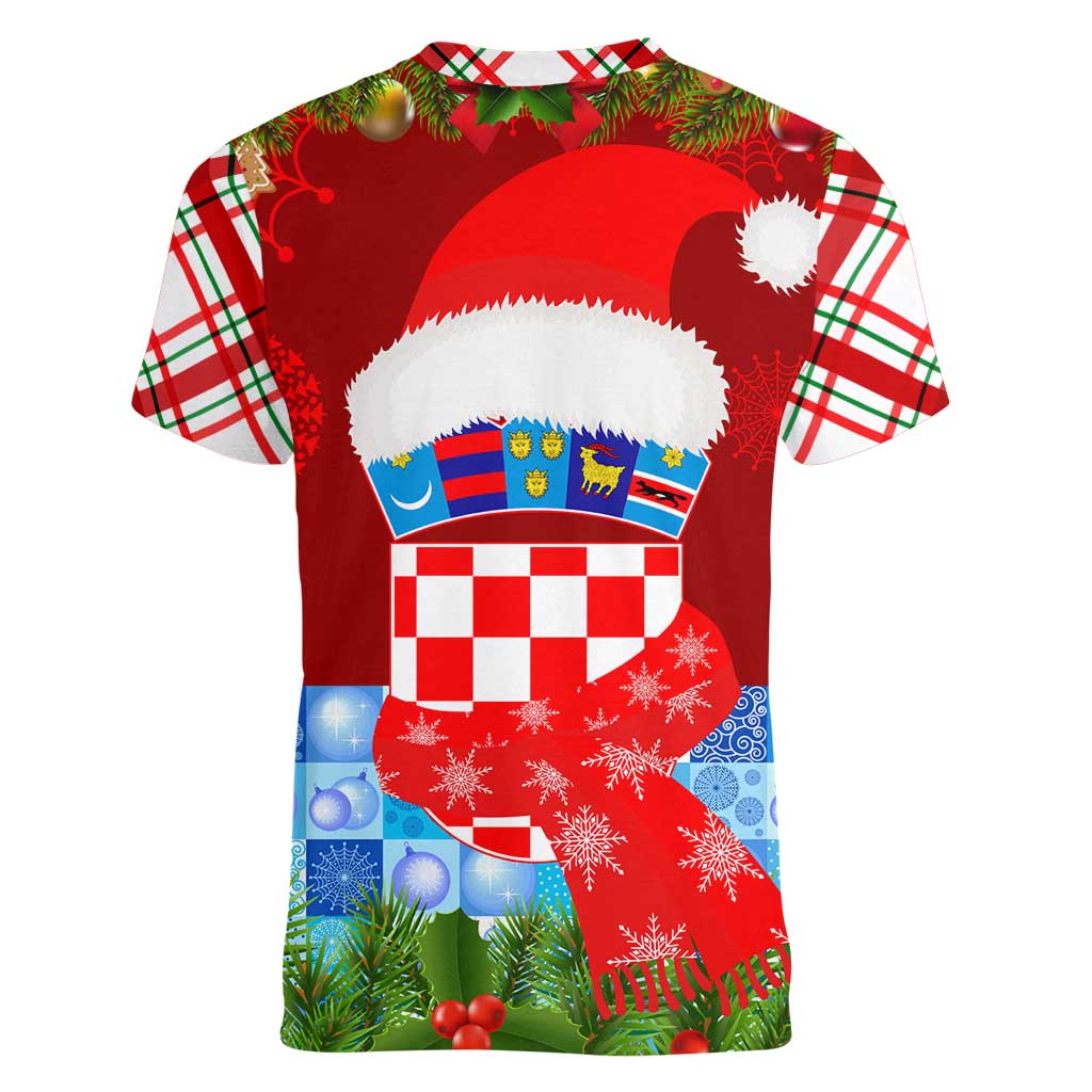 Croatia Christmas Women V-Neck T-Shirt with Dalmatian Dog Presents and Red Plaid Holiday - Wonder Print Shop