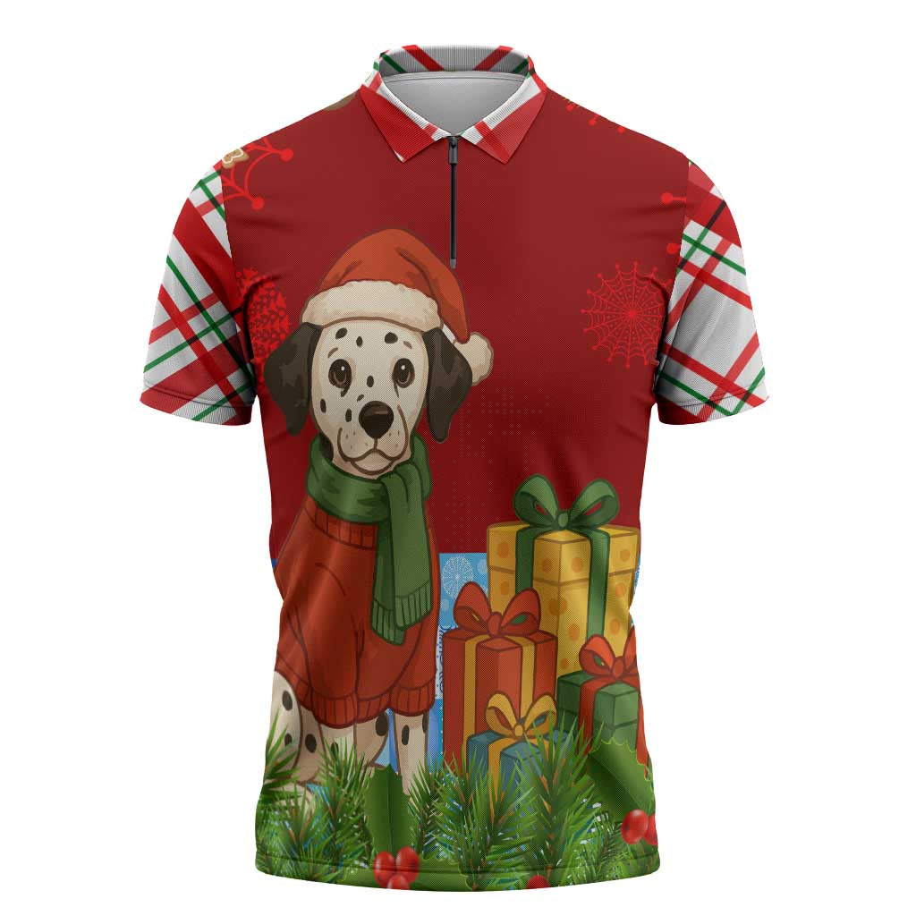 Croatia Christmas Zipper Polo Shirt with Dalmatian Dog Presents and Red Plaid Holiday - Wonder Print Shop