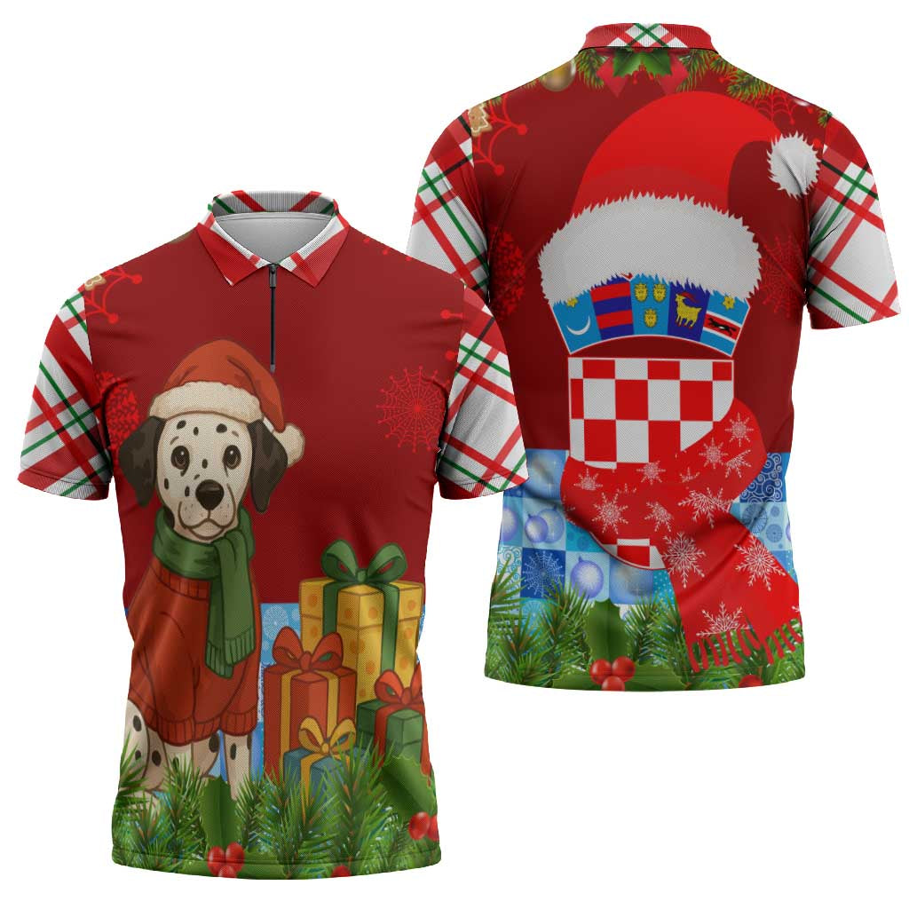 Croatia Christmas Zipper Polo Shirt with Dalmatian Dog Presents and Red Plaid Holiday - Wonder Print Shop