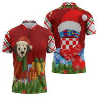 Croatia Christmas Zipper Polo Shirt with Dalmatian Dog Presents and Red Plaid Holiday - Wonder Print Shop