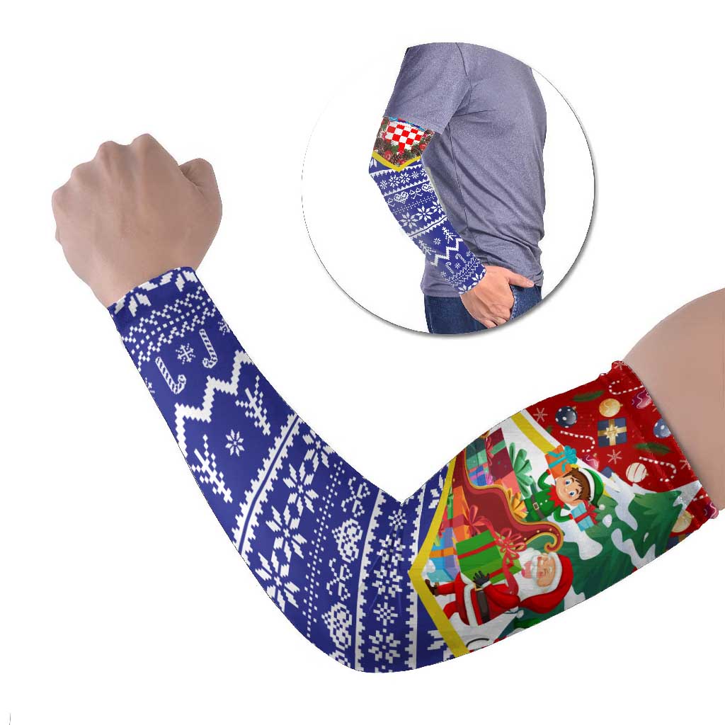 Croatia Christmas Arm Sleeves with Santa Sleigh Presents and Red Checkered Crest - Wonder Print Shop