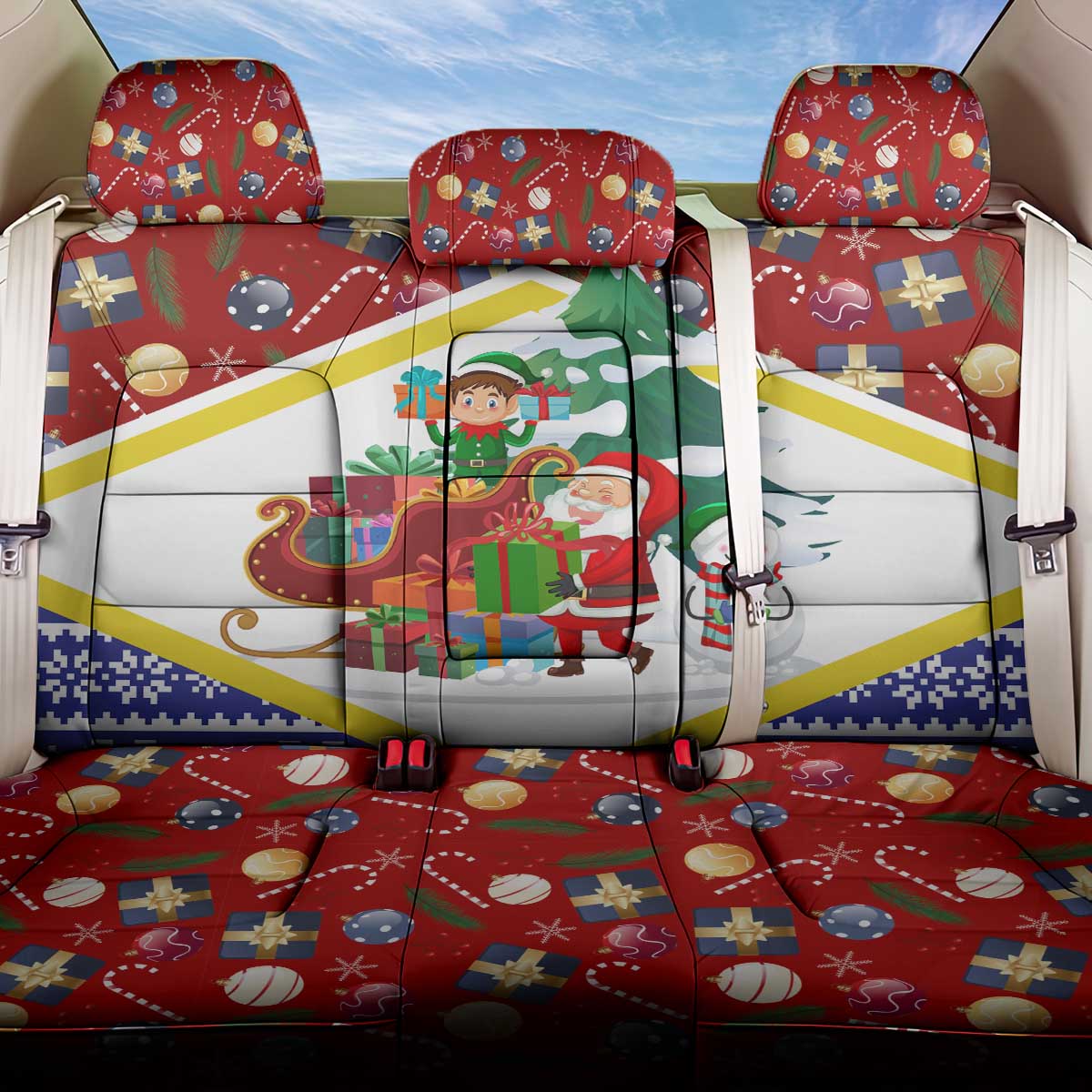 Croatia Christmas Back Car Seat Cover with Santa Sleigh Presents and Red Checkered Crest - Wonder Print Shop