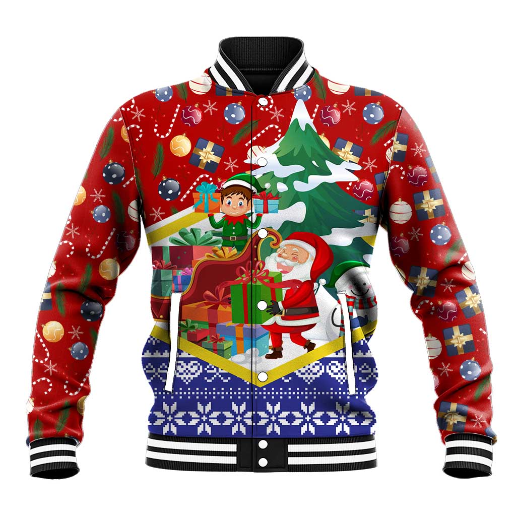 Croatia Christmas Baseball Jacket with Santa Sleigh Presents and Red Checkered Crest - Wonder Print Shop