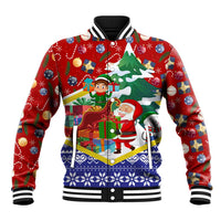 Croatia Christmas Baseball Jacket with Santa Sleigh Presents and Red Checkered Crest - Wonder Print Shop
