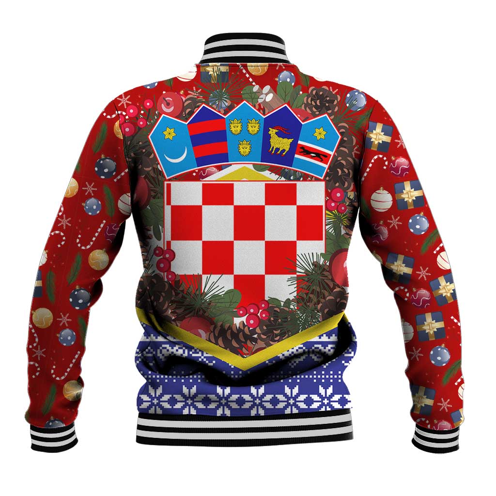 Croatia Christmas Baseball Jacket with Santa Sleigh Presents and Red Checkered Crest - Wonder Print Shop