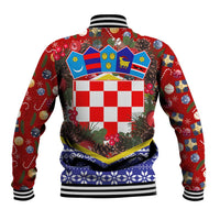 Croatia Christmas Baseball Jacket with Santa Sleigh Presents and Red Checkered Crest - Wonder Print Shop