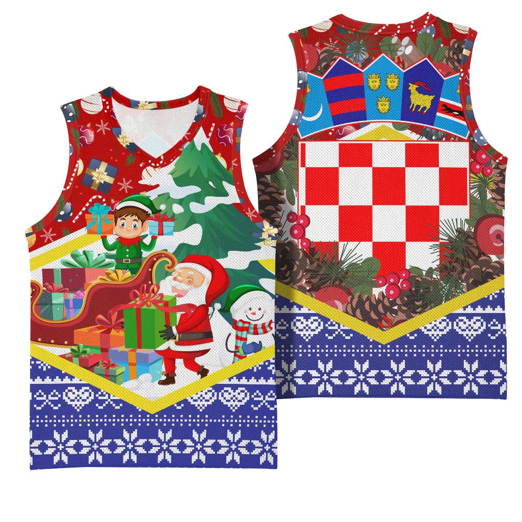 Croatia Christmas Basketball Jersey with Santa Sleigh Presents and Red Checkered Crest - Wonder Print Shop