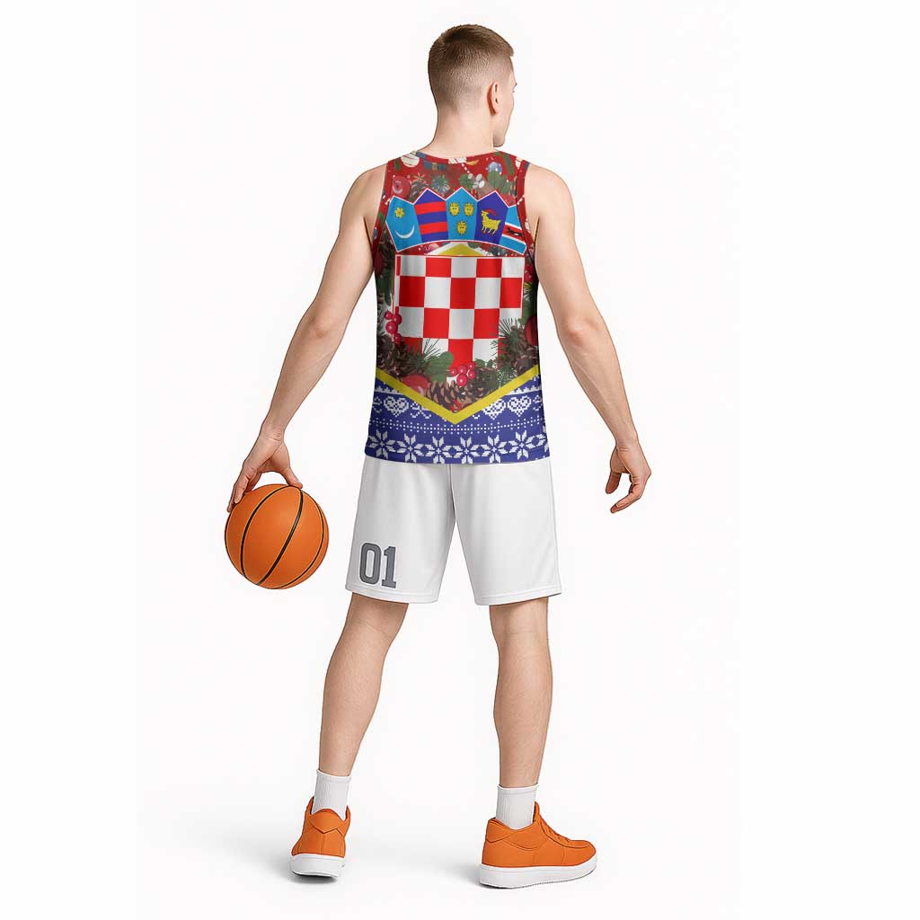 Croatia Christmas Basketball Jersey with Santa Sleigh Presents and Red Checkered Crest - Wonder Print Shop