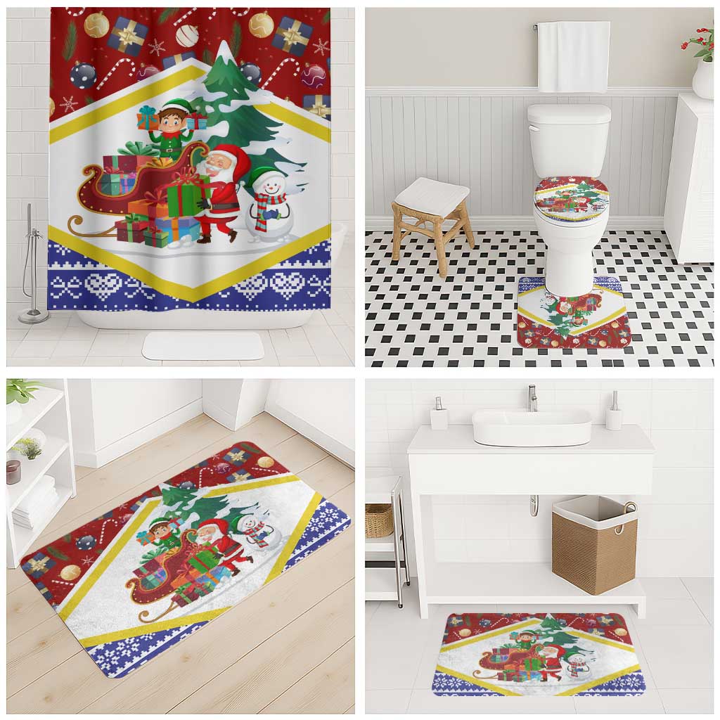 Croatia Christmas Bathroom Set with Santa Sleigh Presents and Red Checkered Crest - Wonder Print Shop