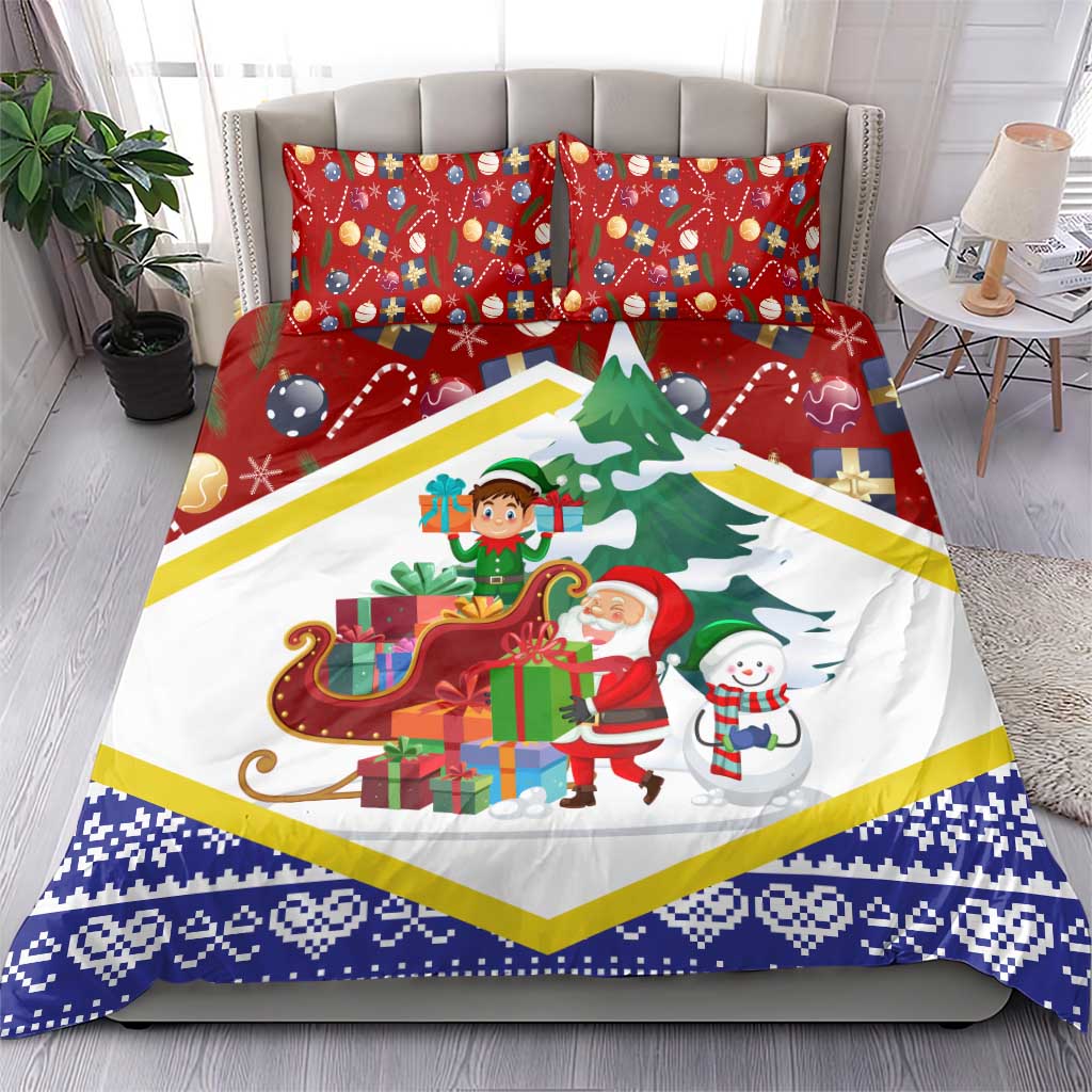 Croatia Christmas Bedding Set with Santa Sleigh Presents and Red Checkered Crest - Wonder Print Shop