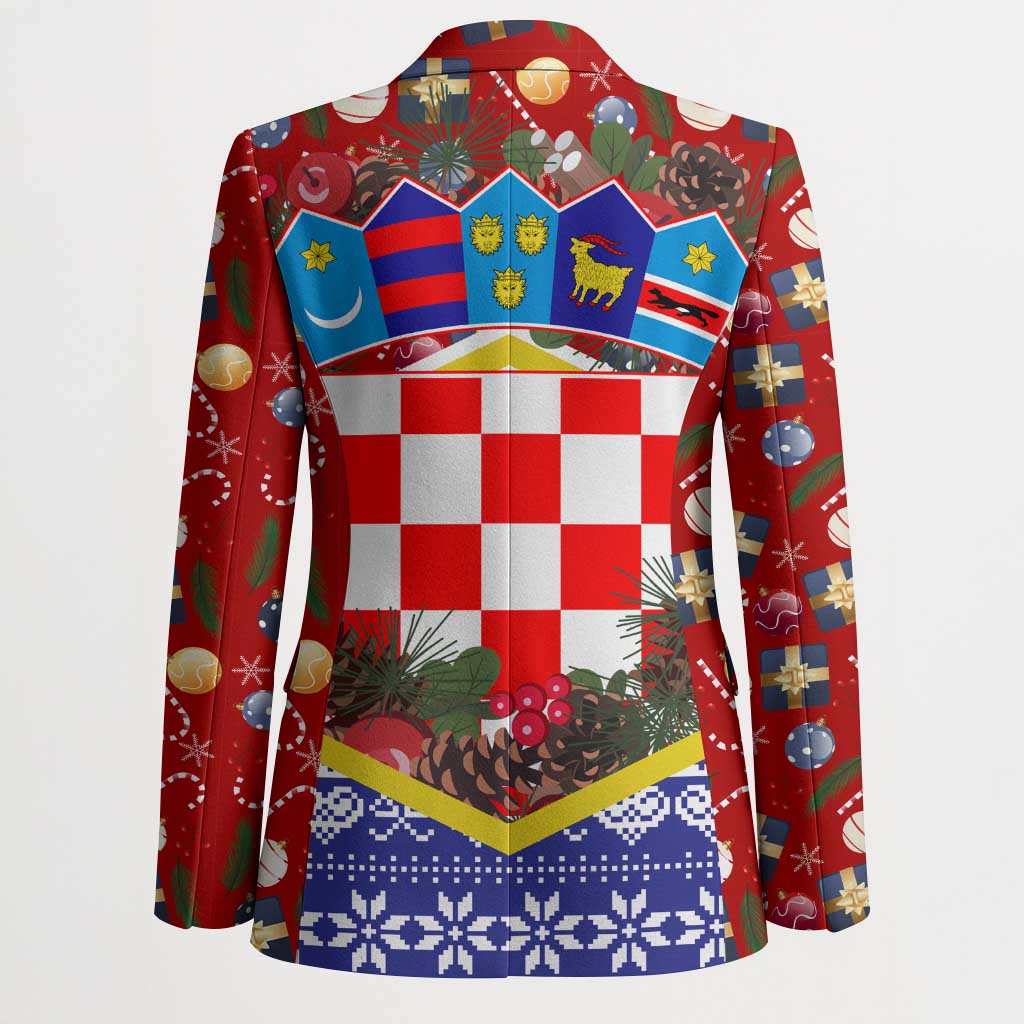 Croatia Christmas Blazer with Santa Sleigh Presents and Red Checkered Crest - Wonder Print Shop