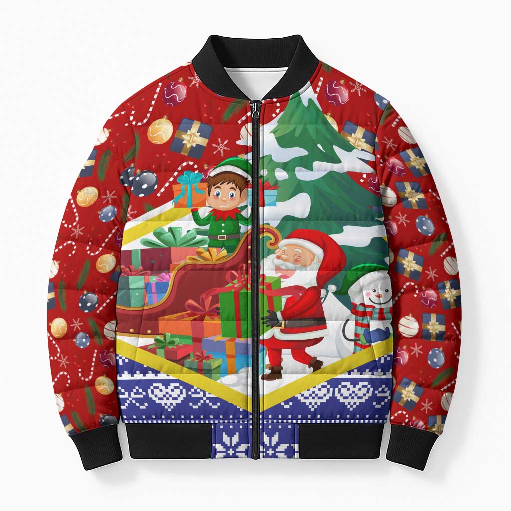 Croatia Christmas Bomber Puffer Jacket with Santa Sleigh Presents and Red Checkered Crest - Wonder Print Shop
