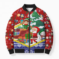 Croatia Christmas Bomber Puffer Jacket with Santa Sleigh Presents and Red Checkered Crest - Wonder Print Shop