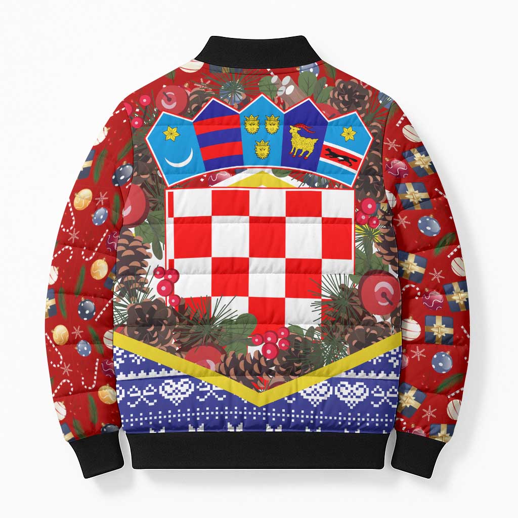 Croatia Christmas Bomber Puffer Jacket with Santa Sleigh Presents and Red Checkered Crest - Wonder Print Shop