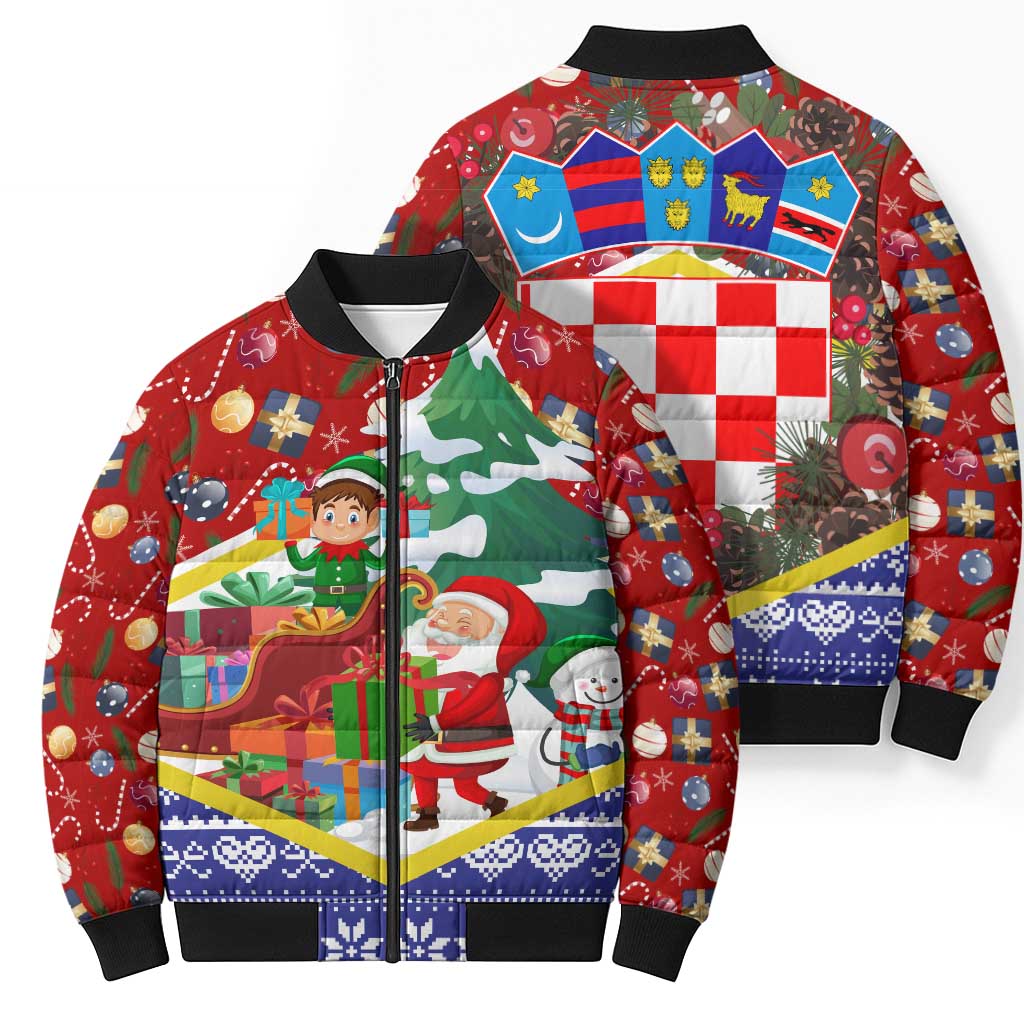 Croatia Christmas Bomber Puffer Jacket with Santa Sleigh Presents and Red Checkered Crest - Wonder Print Shop