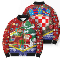 Croatia Christmas Bomber Puffer Jacket with Santa Sleigh Presents and Red Checkered Crest - Wonder Print Shop