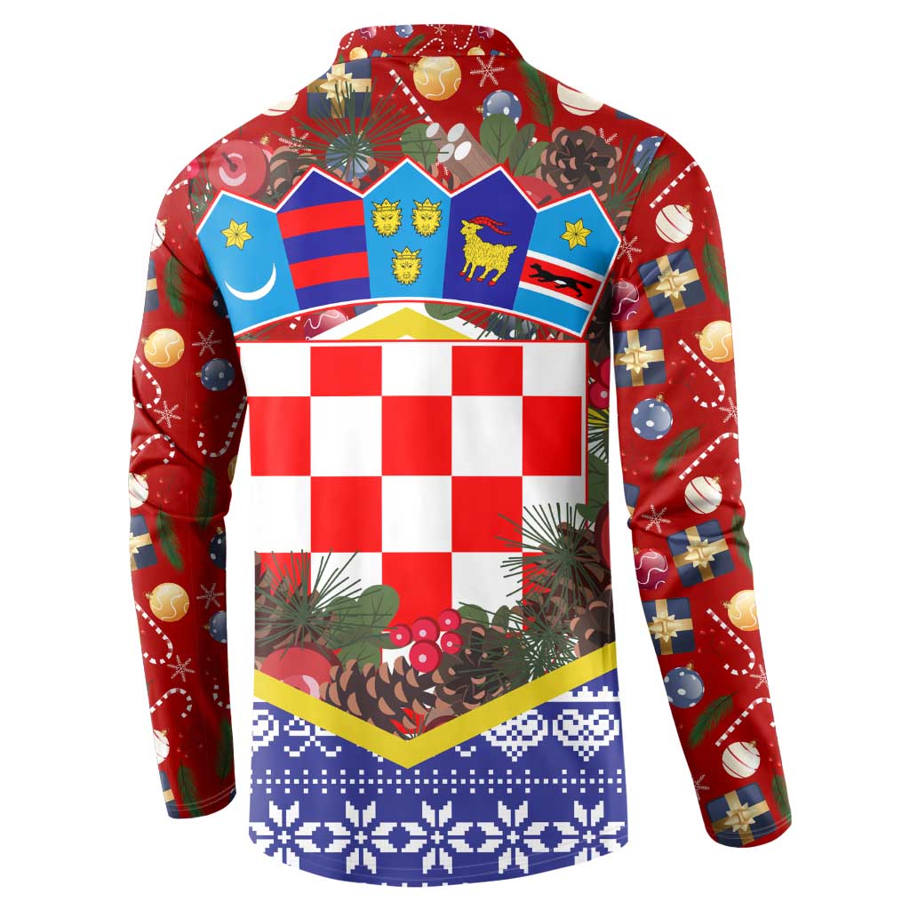 Croatia Christmas Button Sweatshirt with Santa Sleigh Presents and Red Checkered Crest - Wonder Print Shop