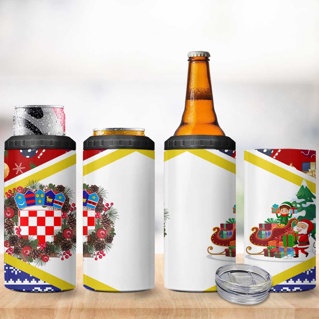 Croatia Christmas 4 in 1 Can Cooler Tumbler with Santa Sleigh Presents and Red Checkered Crest - Wonder Print Shop