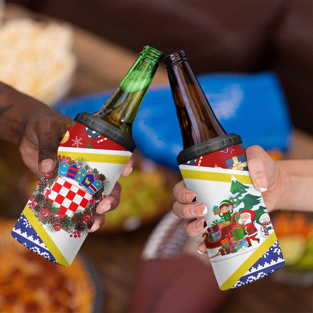 Croatia Christmas 4 in 1 Can Cooler Tumbler with Santa Sleigh Presents and Red Checkered Crest - Wonder Print Shop