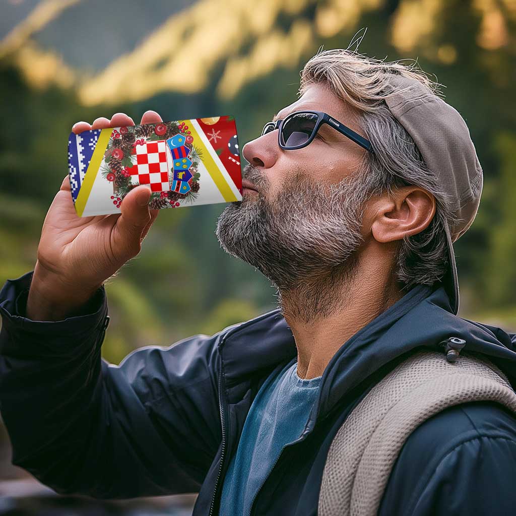 Croatia Christmas 4 in 1 Can Cooler Tumbler with Santa Sleigh Presents and Red Checkered Crest - Wonder Print Shop