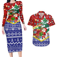 Croatia Christmas Couples Matching Long Sleeve Bodycon Dress and Hawaiian Shirt with Santa Sleigh Presents and Red Checkered Crest - Wonder Print Shop