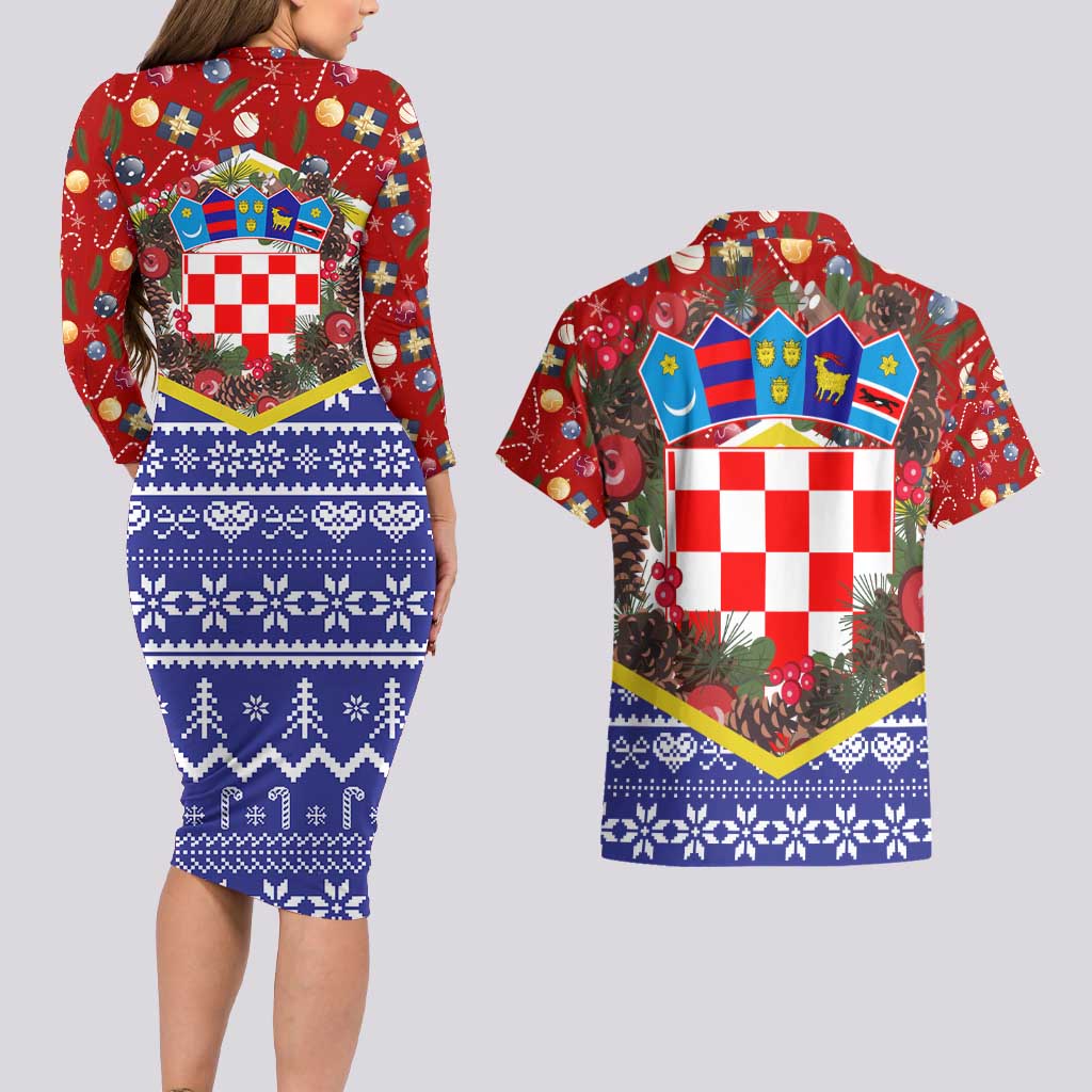 Croatia Christmas Couples Matching Long Sleeve Bodycon Dress and Hawaiian Shirt with Santa Sleigh Presents and Red Checkered Crest - Wonder Print Shop