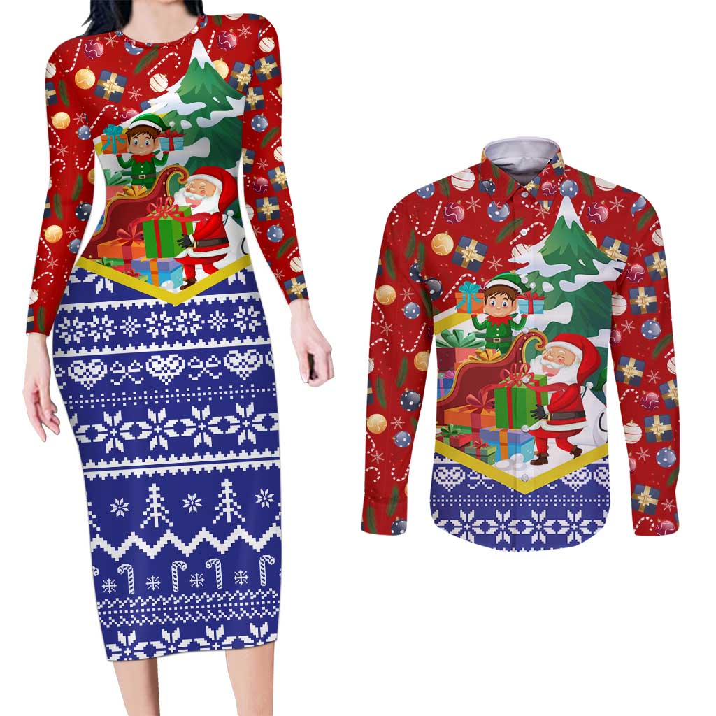 Croatia Christmas Couples Matching Long Sleeve Bodycon Dress and Long Sleeve Button Shirt with Santa Sleigh Presents and Red Checkered Crest - Wonder Print Shop