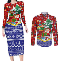 Croatia Christmas Couples Matching Long Sleeve Bodycon Dress and Long Sleeve Button Shirt with Santa Sleigh Presents and Red Checkered Crest - Wonder Print Shop