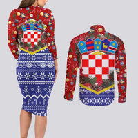 Croatia Christmas Couples Matching Long Sleeve Bodycon Dress and Long Sleeve Button Shirt with Santa Sleigh Presents and Red Checkered Crest - Wonder Print Shop