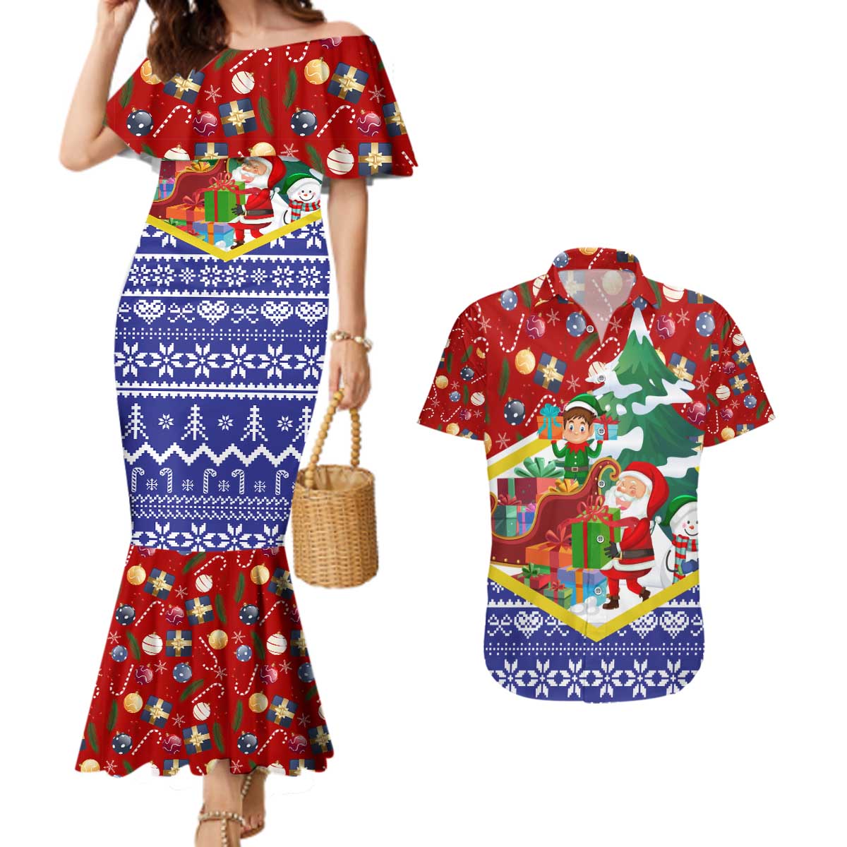Croatia Christmas Couples Matching Mermaid Dress and Hawaiian Shirt with Santa Sleigh Presents and Red Checkered Crest - Wonder Print Shop