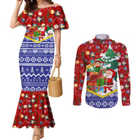 Croatia Christmas Couples Matching Mermaid Dress and Long Sleeve Button Shirt with Santa Sleigh Presents and Red Checkered Crest - Wonder Print Shop