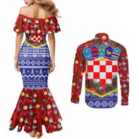 Croatia Christmas Couples Matching Mermaid Dress and Long Sleeve Button Shirt with Santa Sleigh Presents and Red Checkered Crest - Wonder Print Shop