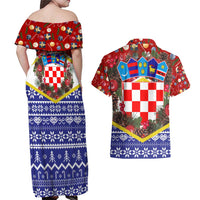 Croatia Christmas Couples Matching Off Shoulder Maxi Dress and Hawaiian Shirt with Santa Sleigh Presents and Red Checkered Crest - Wonder Print Shop