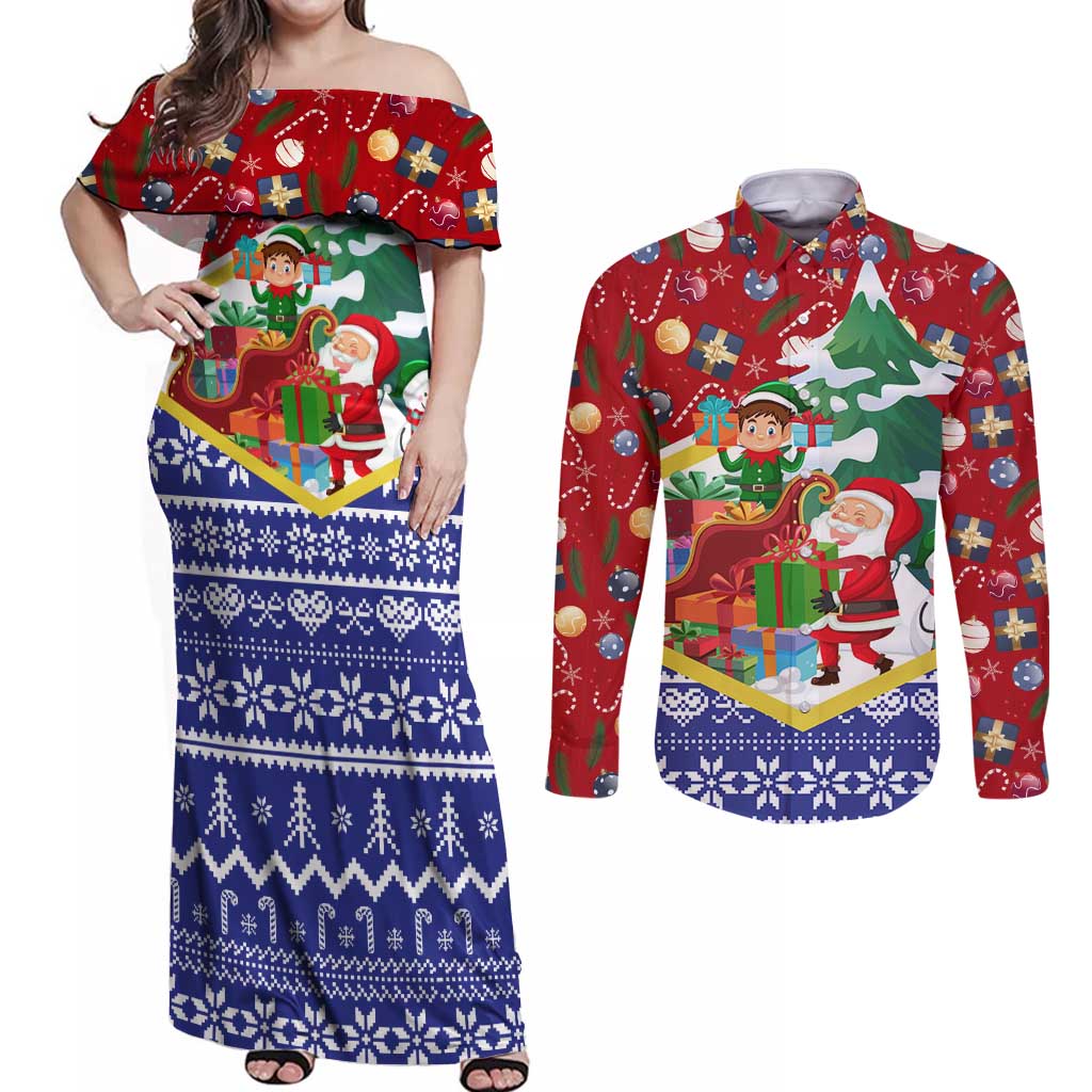 Croatia Christmas Couples Matching Off Shoulder Maxi Dress and Long Sleeve Button Shirt with Santa Sleigh Presents and Red Checkered Crest - Wonder Print Shop