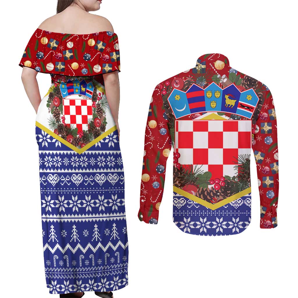 Croatia Christmas Couples Matching Off Shoulder Maxi Dress and Long Sleeve Button Shirt with Santa Sleigh Presents and Red Checkered Crest - Wonder Print Shop