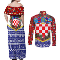Croatia Christmas Couples Matching Off Shoulder Maxi Dress and Long Sleeve Button Shirt with Santa Sleigh Presents and Red Checkered Crest - Wonder Print Shop