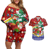 Croatia Christmas Couples Matching Off Shoulder Short Dress and Hawaiian Shirt with Santa Sleigh Presents and Red Checkered Crest - Wonder Print Shop
