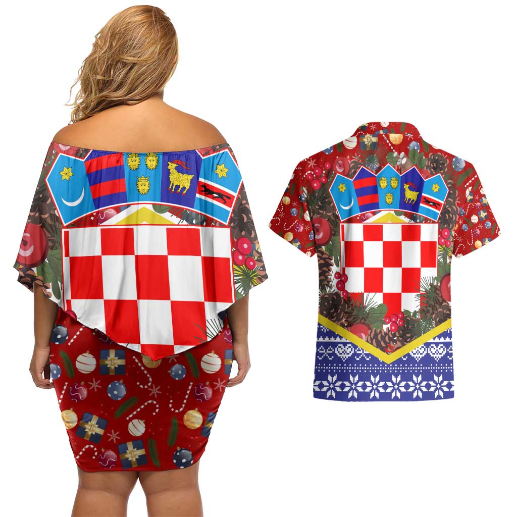 Croatia Christmas Couples Matching Off Shoulder Short Dress and Hawaiian Shirt with Santa Sleigh Presents and Red Checkered Crest - Wonder Print Shop