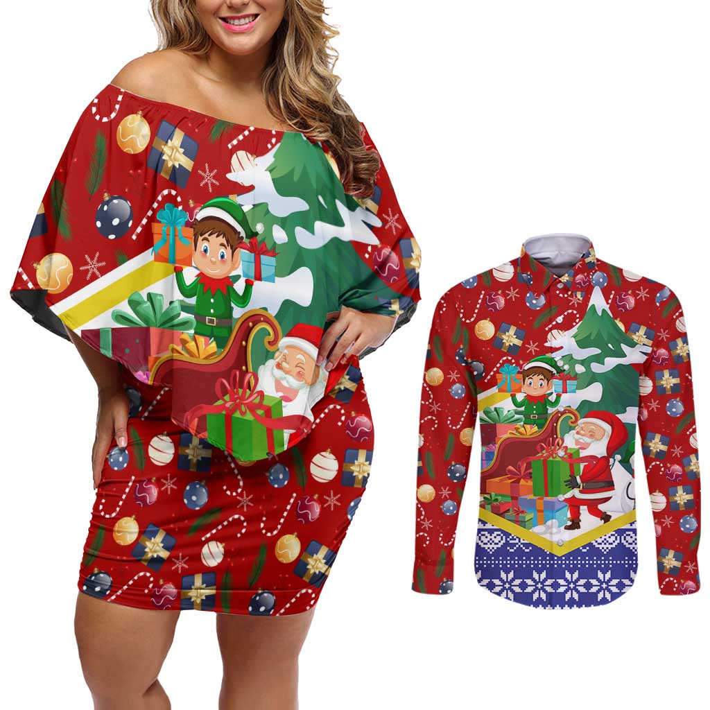 Croatia Christmas Couples Matching Off Shoulder Short Dress and Long Sleeve Button Shirt with Santa Sleigh Presents and Red Checkered Crest - Wonder Print Shop