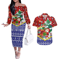 Croatia Christmas Couples Matching Off The Shoulder Long Sleeve Dress and Hawaiian Shirt with Santa Sleigh Presents and Red Checkered Crest - Wonder Print Shop