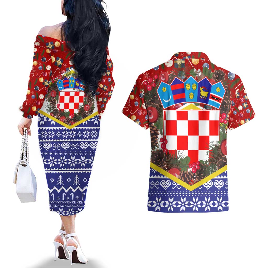 Croatia Christmas Couples Matching Off The Shoulder Long Sleeve Dress and Hawaiian Shirt with Santa Sleigh Presents and Red Checkered Crest - Wonder Print Shop