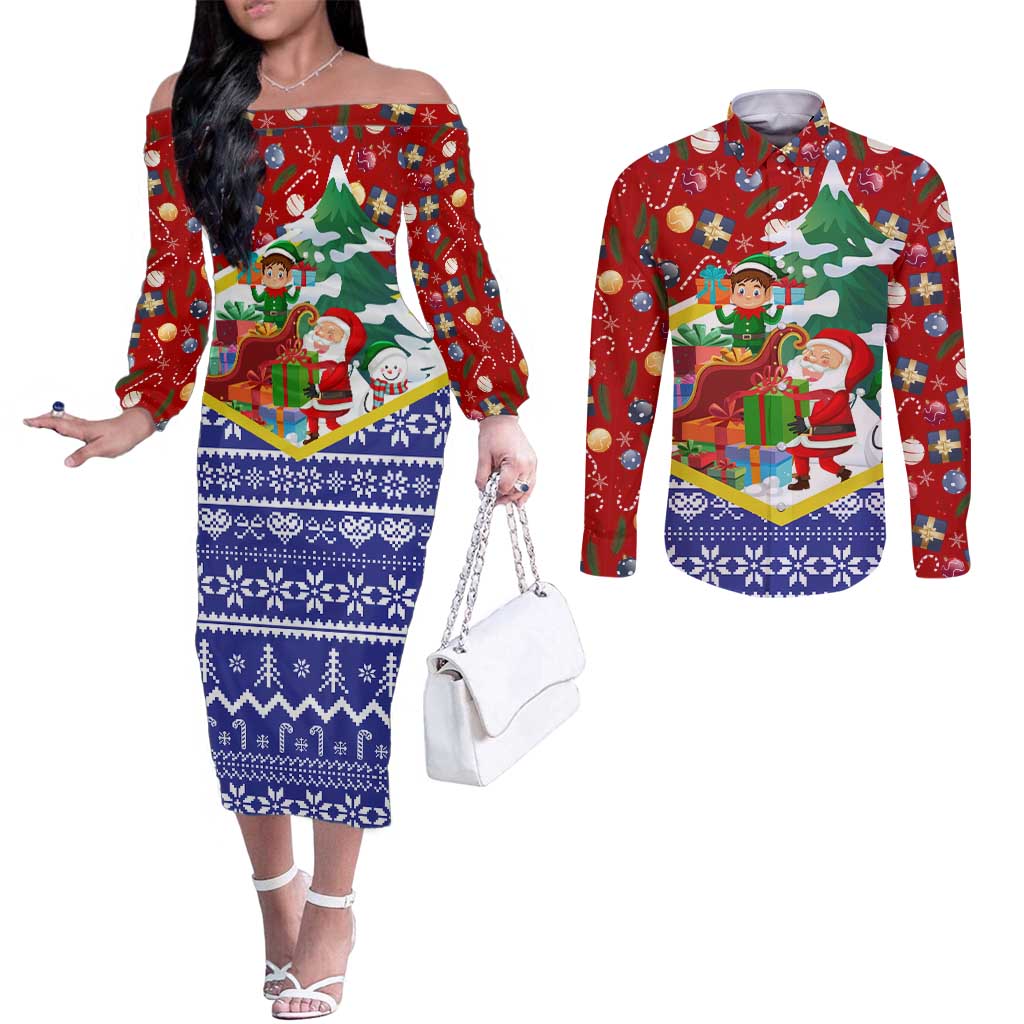 Croatia Christmas Couples Matching Off The Shoulder Long Sleeve Dress and Long Sleeve Button Shirt with Santa Sleigh Presents and Red Checkered Crest - Wonder Print Shop