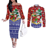 Croatia Christmas Couples Matching Off The Shoulder Long Sleeve Dress and Long Sleeve Button Shirt with Santa Sleigh Presents and Red Checkered Crest - Wonder Print Shop