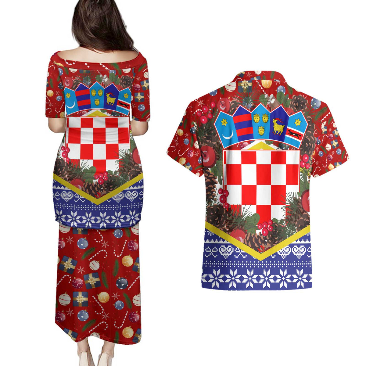 Croatia Christmas Couples Matching Puletasi and Hawaiian Shirt with Santa Sleigh Presents and Red Checkered Crest - Wonder Print Shop