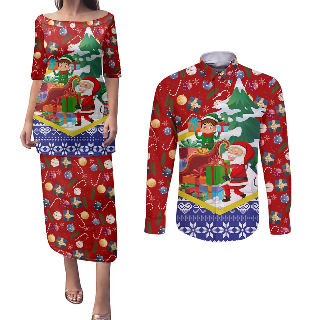 Croatia Christmas Couples Matching Puletasi and Long Sleeve Button Shirt with Santa Sleigh Presents and Red Checkered Crest - Wonder Print Shop