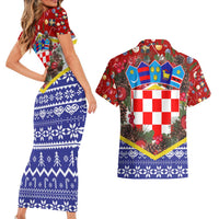 Croatia Christmas Couples Matching Short Sleeve Bodycon Dress and Hawaiian Shirt with Santa Sleigh Presents and Red Checkered Crest - Wonder Print Shop