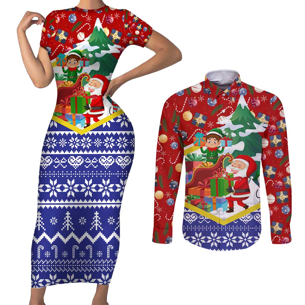 Croatia Christmas Couples Matching Short Sleeve Bodycon Dress and Long Sleeve Button Shirt with Santa Sleigh Presents and Red Checkered Crest - Wonder Print Shop