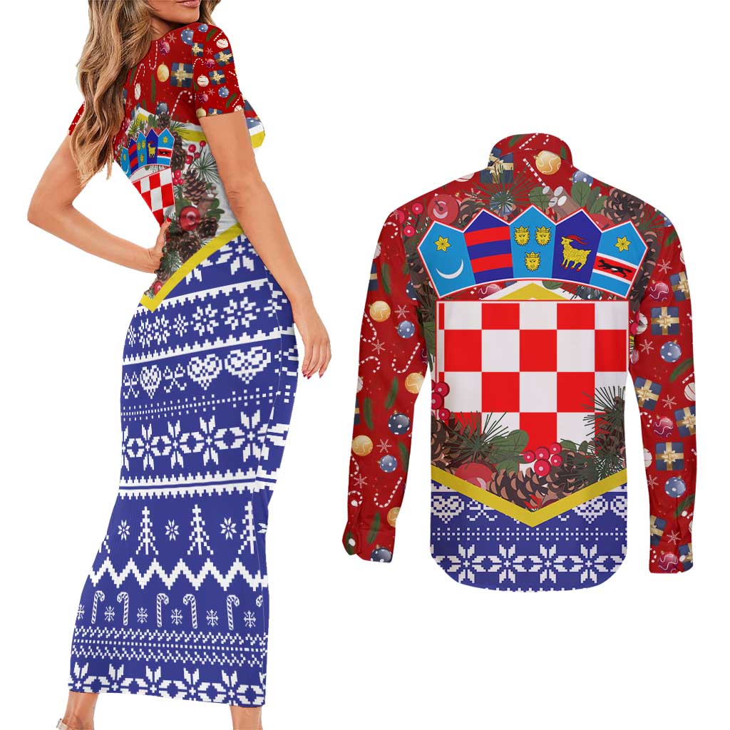 Croatia Christmas Couples Matching Short Sleeve Bodycon Dress and Long Sleeve Button Shirt with Santa Sleigh Presents and Red Checkered Crest - Wonder Print Shop